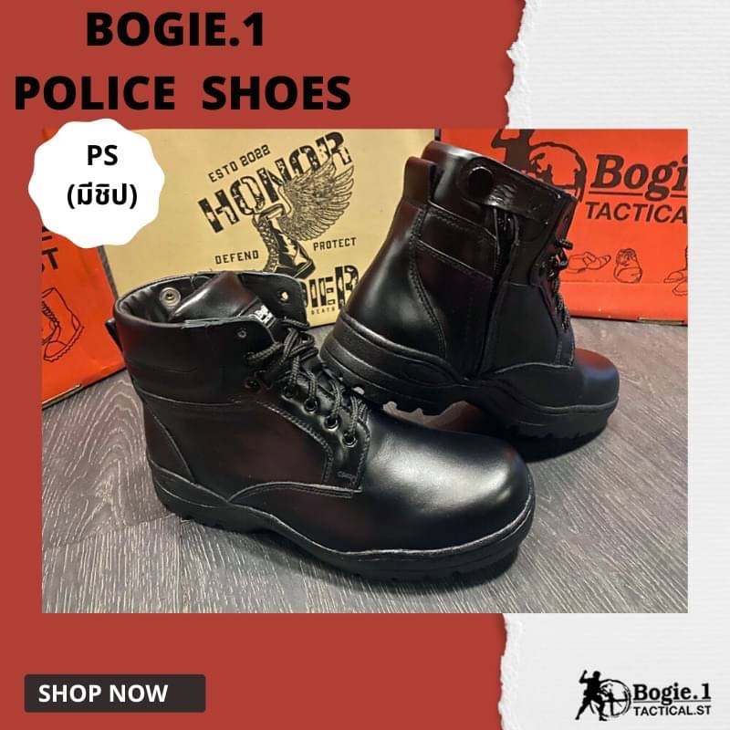 รองเท้าหุ้มข้อสั้นสีดำ รุ่น POLICE SHOES (PS ชิป) **ใส่ง่ายถอดง่าย สะดวกต่อการใช้งาน** -รองเท้าพื้นยางกันลื่นมีความยืดหยุ่นสูง -หุ้มข้อสีดำความสูง 5-5.5 นิ้ว ใส่กำลังสบาย -หนังแท้ ขัดขึ้นเงา ดูแลทำความสะอาดง่าย -พื้นอัดแน่นเสริมความแข็งแรงเย็บขอบสูง1 นิ้ว