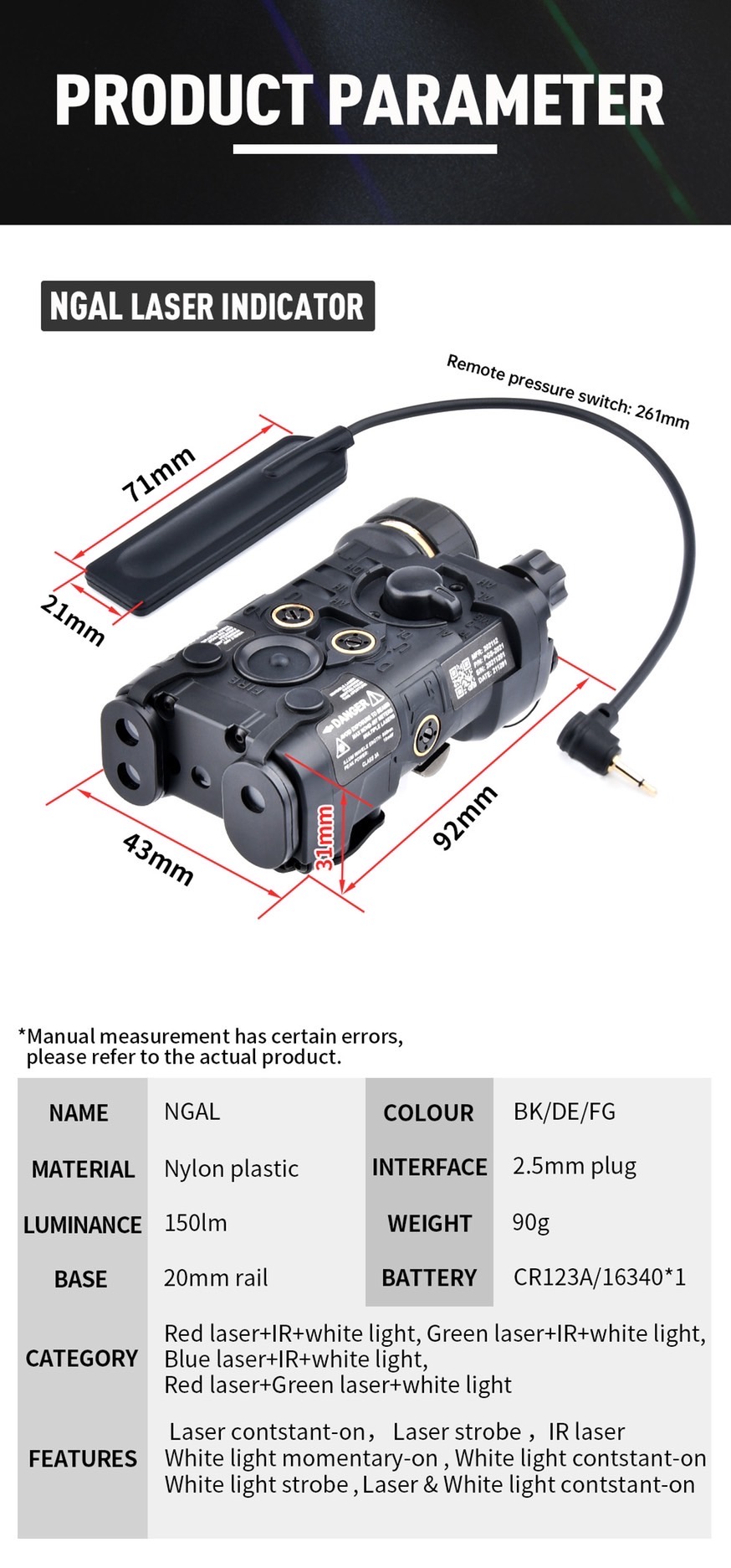 กล่อง L3 NGAL IR Illuminator ยี่ห้อ WADSN รุ่น Real Grade (รุ่น Top) (L3 NGAL) (L3 NGAL IR Illuminator) (L3 NGAL IR Conventional) (Next Generation Aiming Laser) รุ่นไฟฉาย และ เลเซอร์สีแดง