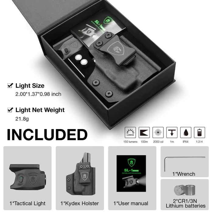 ไฟฉาย Warriorland SL-1 + ซองพกใน Kydex G43/G43X ( เฉพาะรุ่นที่ไม่มีราง ) ไฟฉาย Warriorland SL-1 + ซองพกใน Kydex 🔺ไฟฉาย ผลิตจาก Polymer เกรดคุณภาพ 🔺ออกแบบให้ทนทานต่อแรงรีคอยด์ได้ 🔺ความสว่าง 150 Lumens 🔺ระยะส่องสว่าง 100 m. &