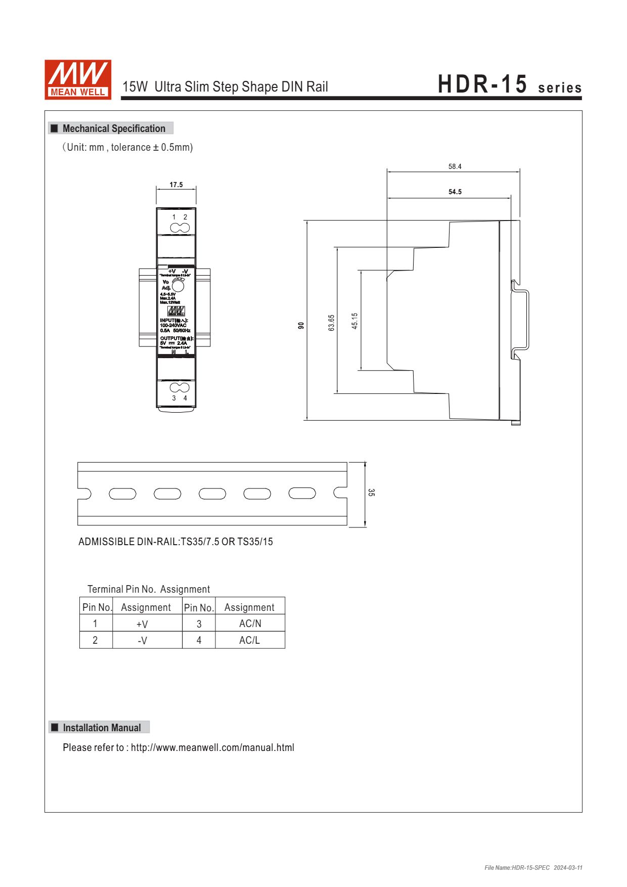 POWER SUPPLY HDR-15-12 MEANWELL พาวเวอร์ซัพพลาย 12VDC 15W 1.25A