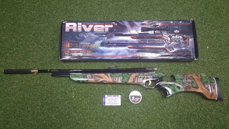 New.ปืนอัดลมปั๊มอินโดSharp River Slide Pump .177cal. Air Rifle ท้าย 3 รู ลายพรางเขียว เบอร์ 1 Price 6,500 ฿. ✔แรง 600Fps. ✔Body Wood ไม้ ✔ท้ายปรับสูง-ปรับต่ำได้ ✔Slide Pump 3-9 ครั้ง ✔ป้อนกระสุนทีละนัดยิง ✔ลำกล้อง