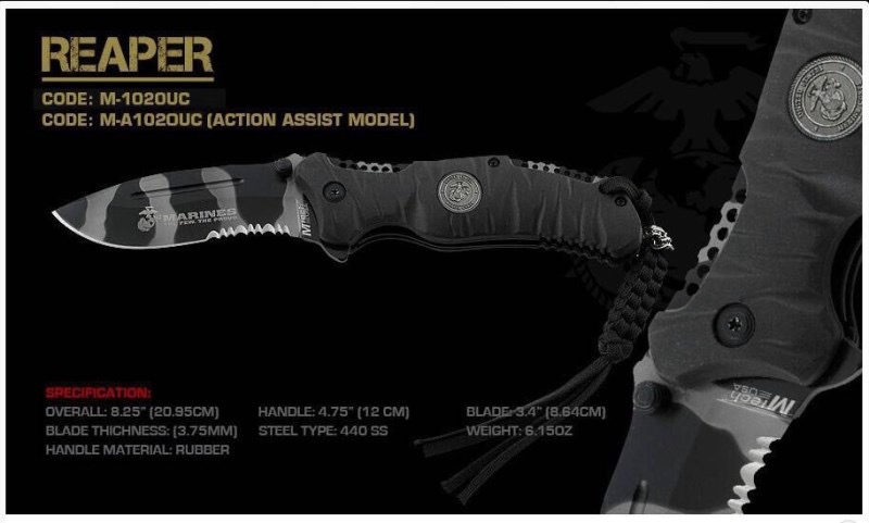 New.มีด Usmc Reaper ใบมีดทำจากเหล็ก 440c as เป็นเหล็กกล้าปลอดสนิม ทนต่อการเสียดสีสูงและทนต่อการกัดกร่อนได้ดี ใบมีดหนา 3.25 มม. ด้ามมีดเป็นยางสังเคราะห์ กระชับมีไม่ลื่นหลุดง่าย เป็นมีดที่ได้รับการอนุญาติให้ผลิตโดยนาวิกโยธินสหรัฐฯ ราคาพิเศษ
