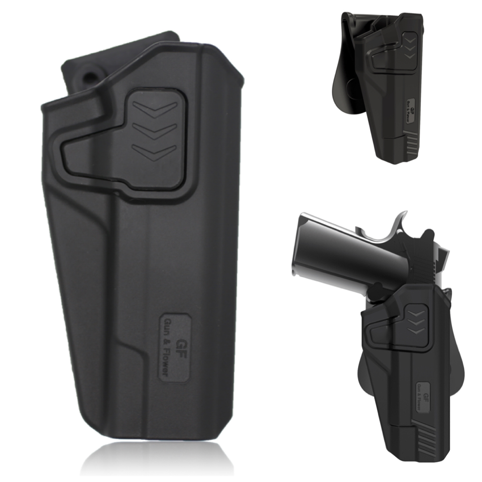 ซองปืนพกนอก Polymer ยี่ห้อ Gun&Flower รุ่น M1911 ผลิตจาก Nylon PA66 แข็งแรง ทนทาน คุณสมบัติ : ซองปืนพกนอกปลดนิ้วชี้ มาพร้อมเพลตเหน็บเอวแบบหัวเฟือง จึงทำให้สามารถปรับองศาซองปืนได้ตามต้องการ ตัวเพลตเหน็บเอวเสริมยางกันลื่นเพิ่มความกระชับ สามารถใช้อุปกรณ์เสริ