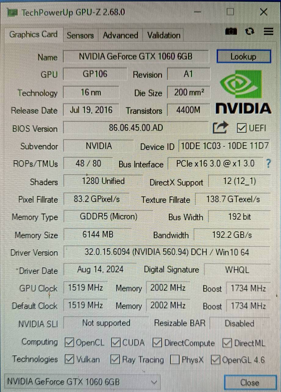 GTX 1060 GDDR5 6GB 192bit ประกัน 2 เดือน