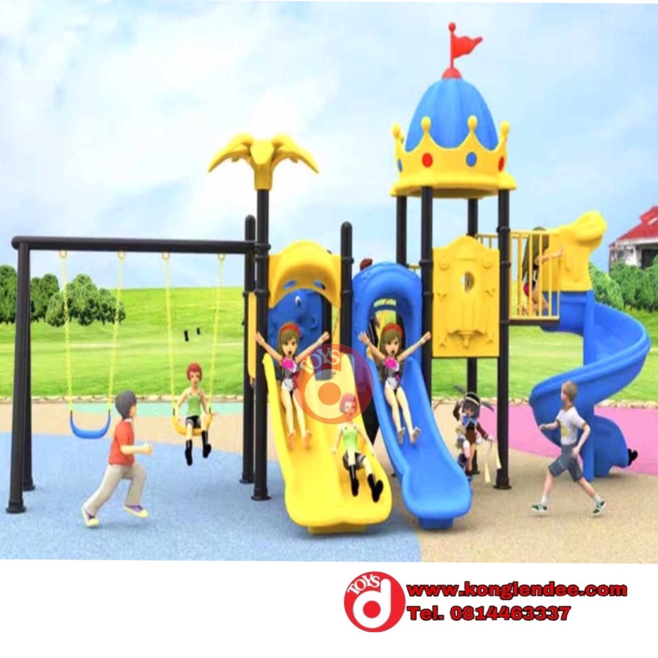 เครื่องเล่นสนาม ชุดปราสาทสามสไลด์พร้อมชิงช้า