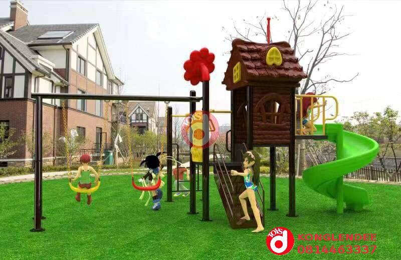 เครื่องเล่นสนาม ชุดwood house slide swing