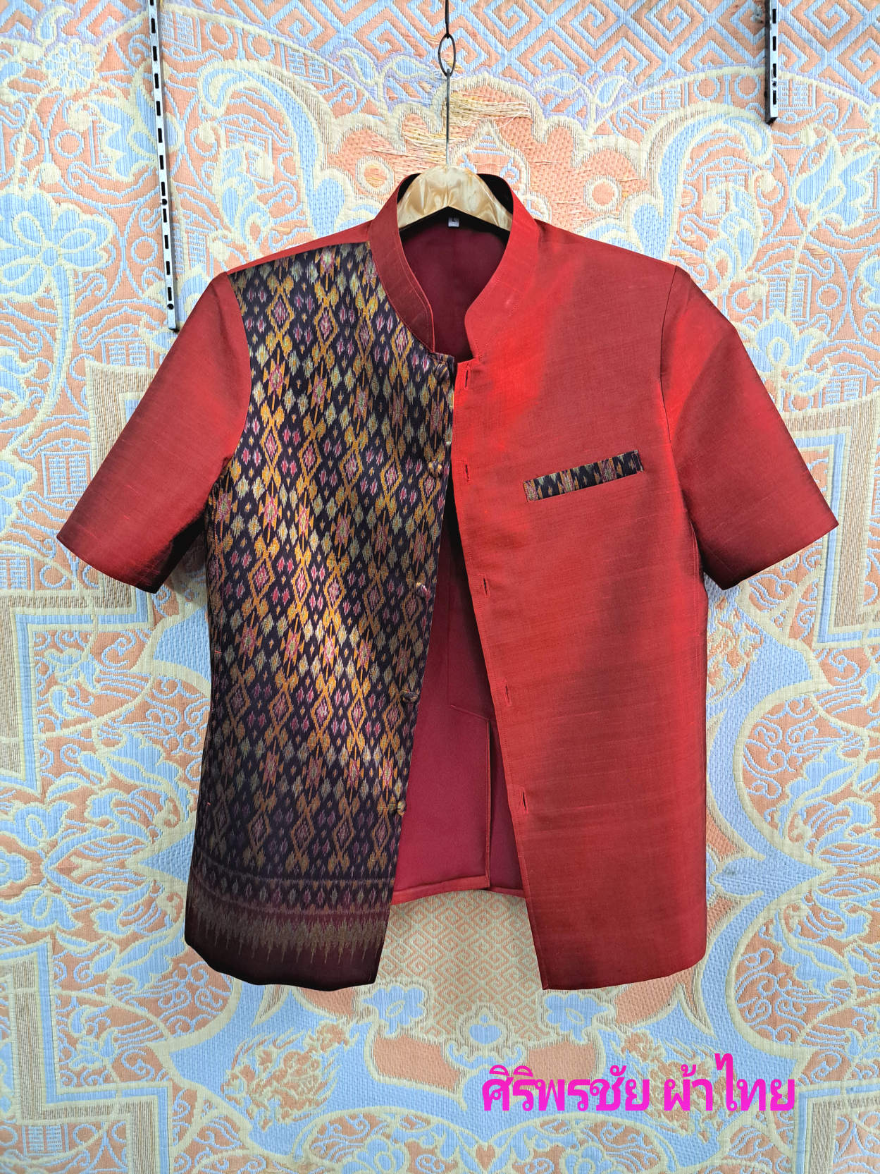 เสื้อสูทผ้าไหม แท้ 4 เส้น แต่งด้วยผ้าไหม มัดหมี่ 2 ตะกอ เสื้อสูทผ้าไหมแท้ ตามภาพ L