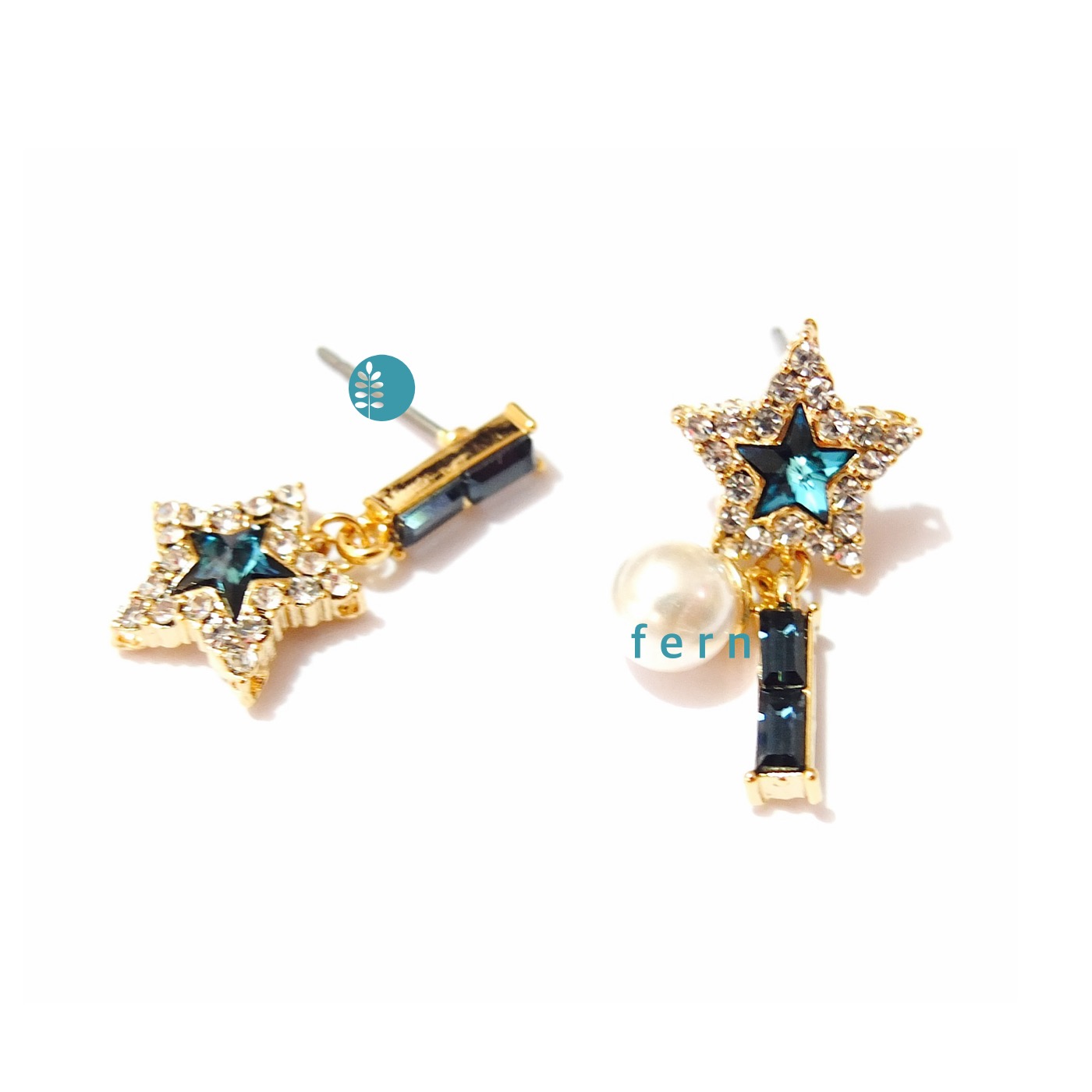 ER324 ต่างหูวินเทจพรีเมี่ยมดาว-มิ้นท์คู่เล็ก 2 ข้างต่าง ตัวเรือนสีทอง งานจิวเวลรี่เกาหลีแต่งคริสตัล #SwarovskiElements สวยหวาน น่ารักดูดี ขนาด 1 x 2.2 cm #MadeinKorea