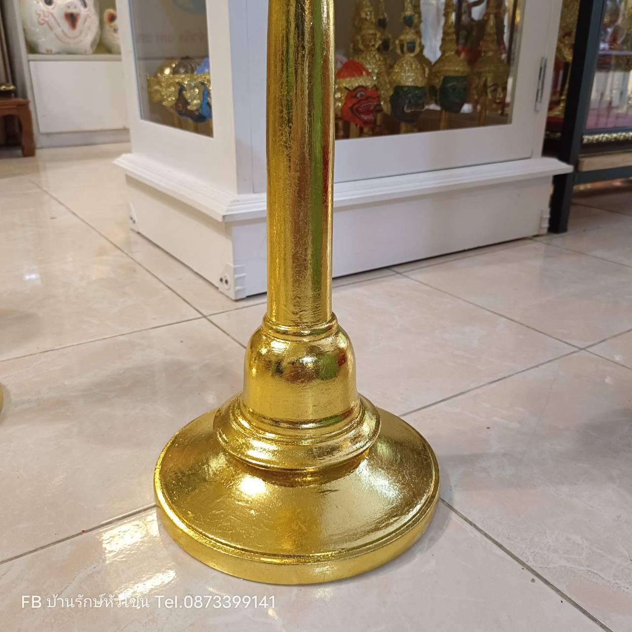 ฐานไม้กลึง ปิดทอง ขาตั้ง ฐานวางเศียร ขนาดครอบ สูง 16 นิ้ว