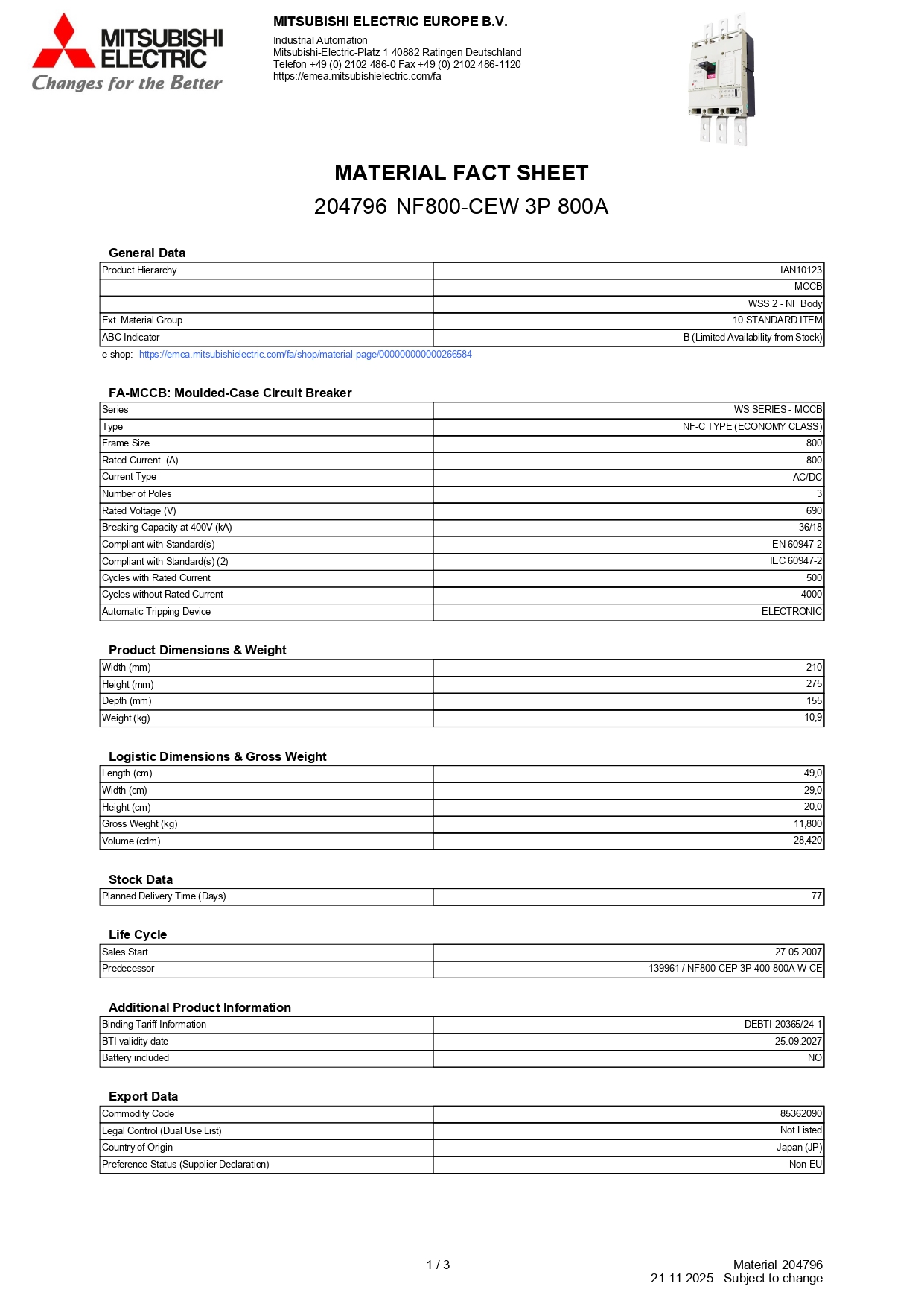 เบรกเกอร์ NF800-CEW 3P 800A มิตซูบิชิ MCCB MITSUBISHI NF800CEW 800A 3P