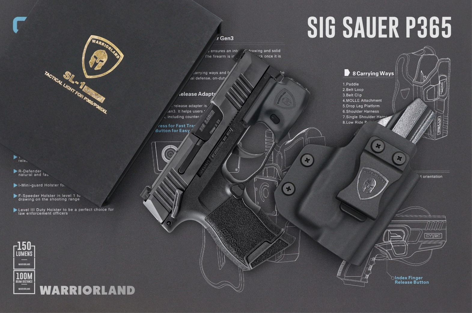 New.ไฟฉาย Warriorland SL-1 + ซองพกใน Kydex 🔺ไฟฉาย ผลิตจาก Polymer เกรดคุณภาพ 🔺ออกแบบให้ทนทานต่อแรงรีคอยด์ได้ 🔺ความสว่าง 150 Lumens 🔺ระยะส่องสว่าง 100 m. 🔺 มาตรฐานกันน้ำ IPX4 🔺 ปุ่มใช้งานได้ทั้งด้าน ซ้าย-ขวา