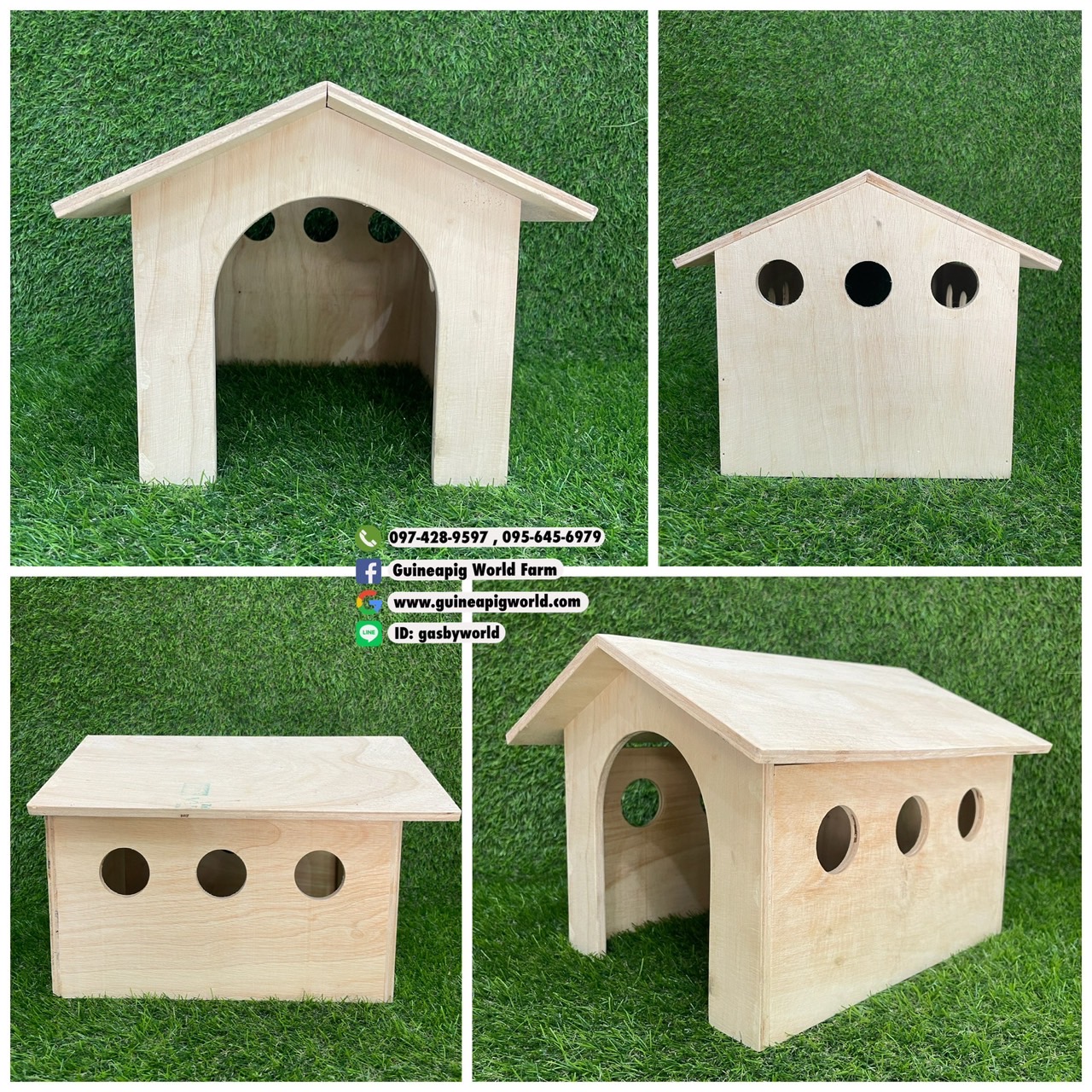 บ้านไม้หลังคาจั่ว(ราคาต่อหลัง)ตัวบ้านW.24xD.23xH.25.5cm./หลังคาW.31xD.26cm./ประตูW.14xH.18cm.สำหรับแกสบี้,กระต่ายฯลฯ