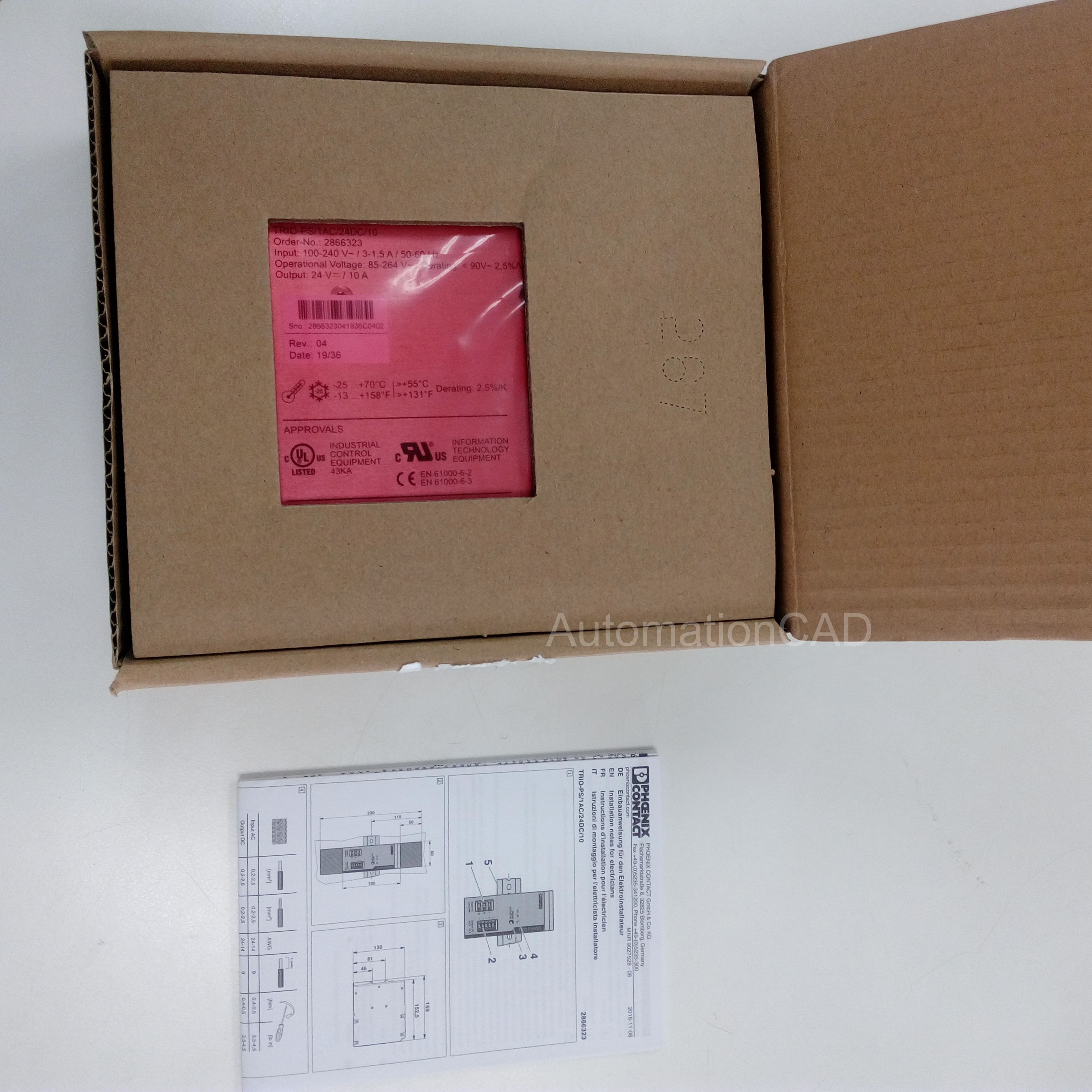 POWER SUPPLY TRIO-PS/1AC/24DC/10- 2866323 PHOENIX CONTACT พาวเวอร์ซัพพลาย 24VDC 10 A