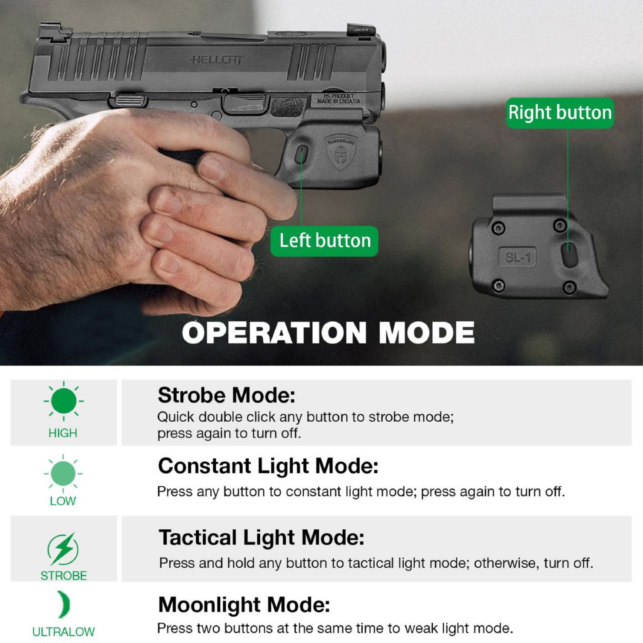 ไฟฉาย Warriorland SL-1 + ซองพกใน Kydex มี 3 รุ่นให้เลือก 🍁 รุ่น Sig Sauer P365 🍁 รุ่น G43/G43X ( เฉพาะรุ่นที่ไม่มีราง ) 🍁 รุ่น Springfield Hellcat 🔺ไฟฉาย ผลิตจาก Polymer เกรดคุณภาพ 🔺ออกแบบให้ทนทานต่อแรงรีคอยด์ได้