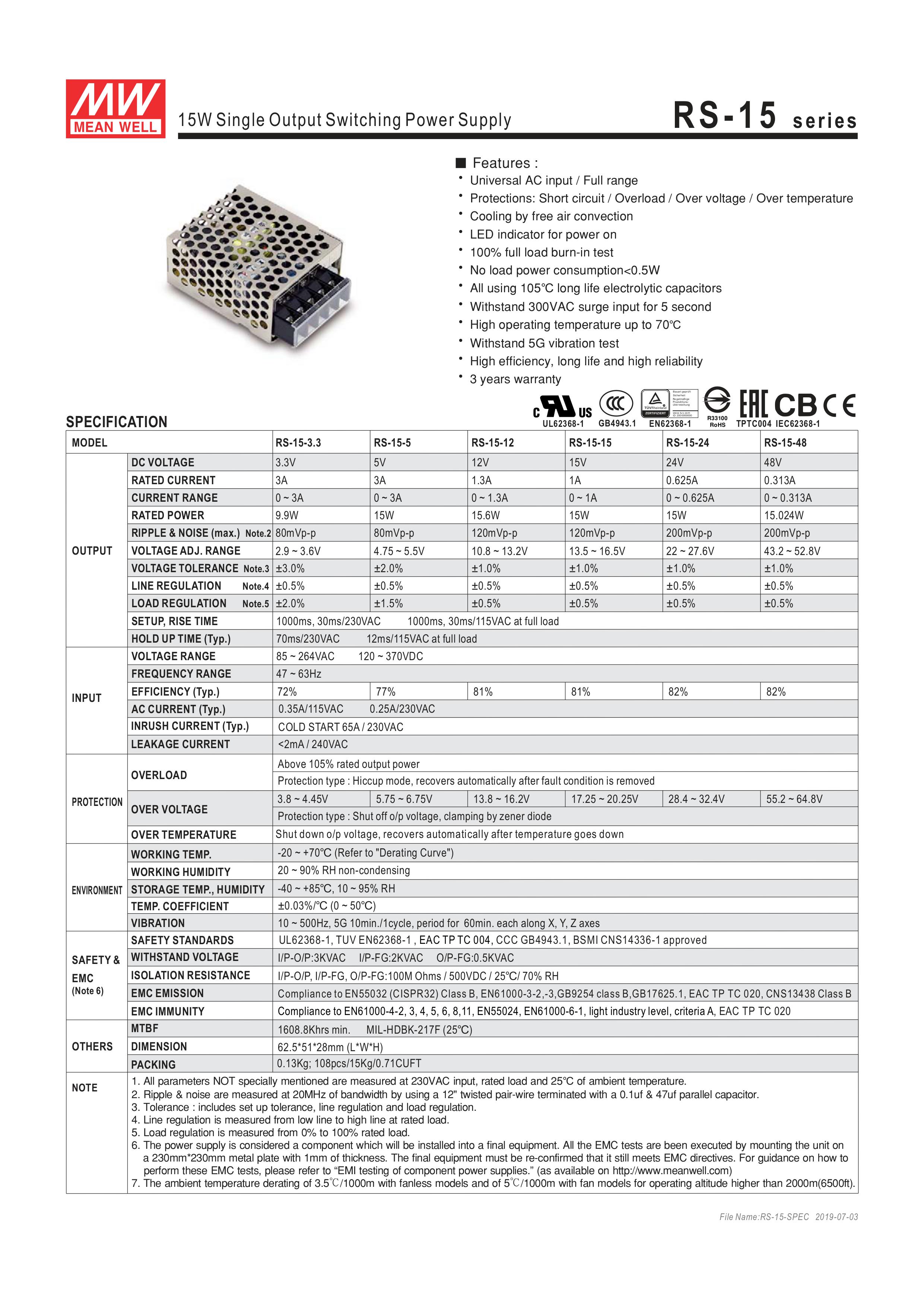 POWER SUPPLY 12VDC 15.6W MEANWELL พาวเวอร์ซัพพลาย 1.3A 12VDC