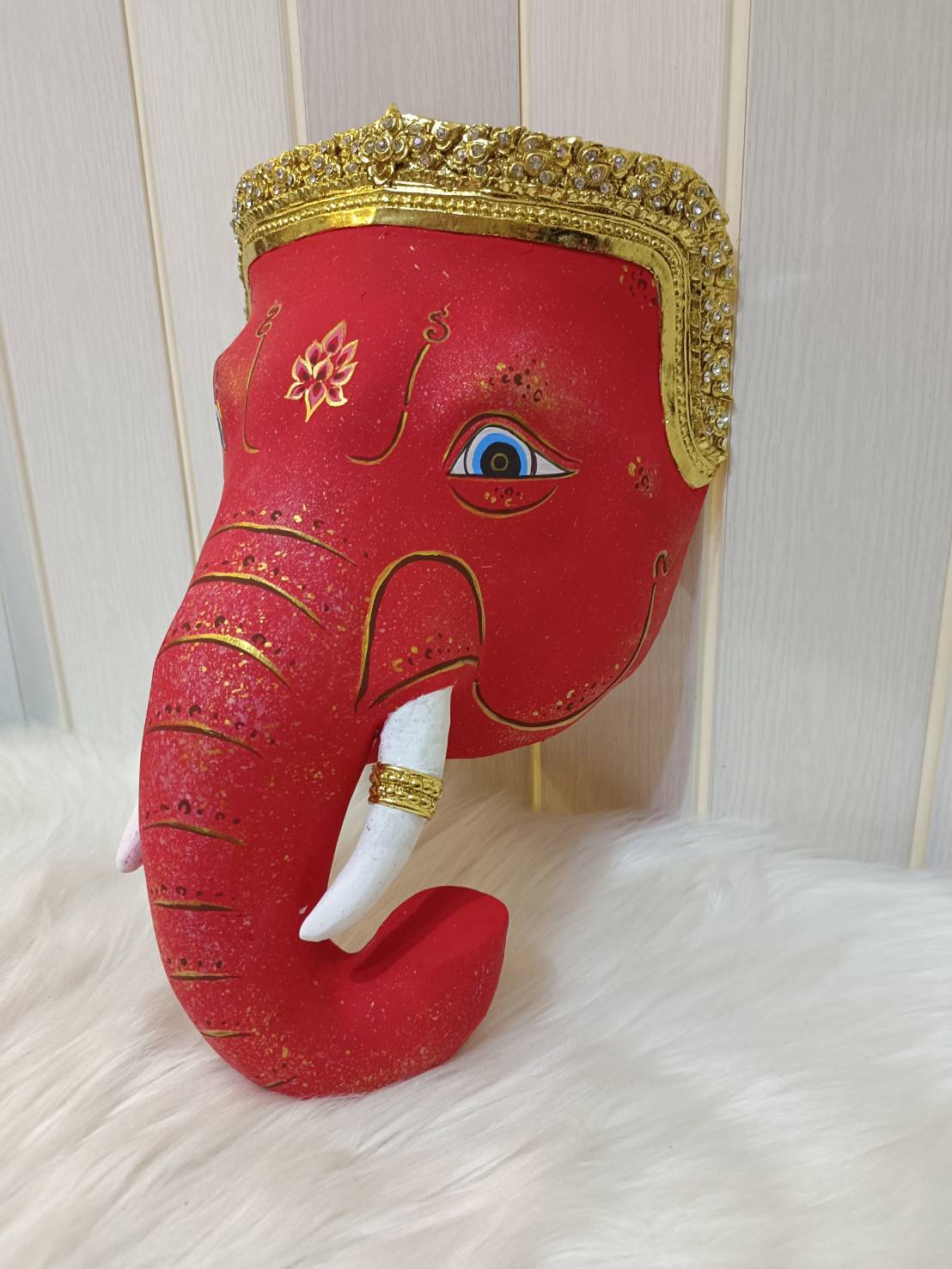 หน้ากากพระพิฆเนศ (สีแดง) ขนาดเท่าหน้าคน เกรดพรีเมี่ยม งานกระดาษ ปิดทองเค ประดับเพชร