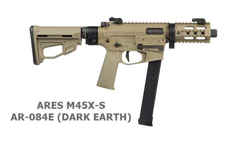 New product ARES M45X-S AEG (Short) -Black/DARK ➡️ บอดี้โลหะ ➡️ takedown (หมุนถอดชุดหน้า) ➡️ พานท้ายพับได้ Product Brand: ARES Product Code:AR-083E Hop-Up:ADJUSTABLE Weight:2,314 g Length:530 mm Capacity:55/125 rds Power:380 fps (1.33