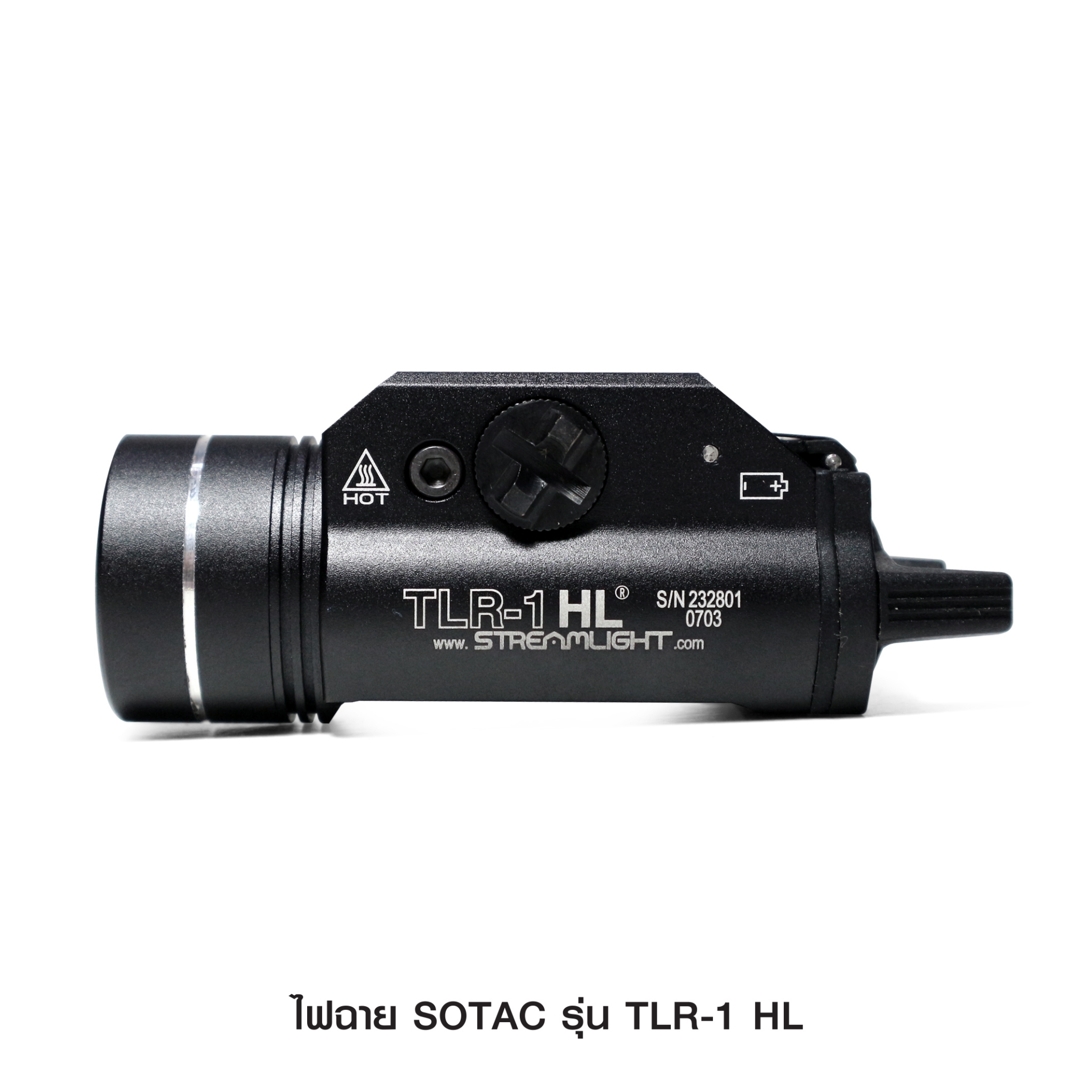New.ไฟฉาย SOTAC รุ่น TLR-1 HL -ตัวเรือนผลิตจากอลูมิเนียมเกรดคุณภาพ -หลอด LED ความสว่าง 800 lumens -3 functions : Constant / Momentary / Strobe -Runtime : 1.5 hours. -Battery : 2 * CR123A Battery ( ไม่ได้แถมมา ) -Dimension : ยาว 7.8 cm. กว้าง 3.5 cm. -Colo