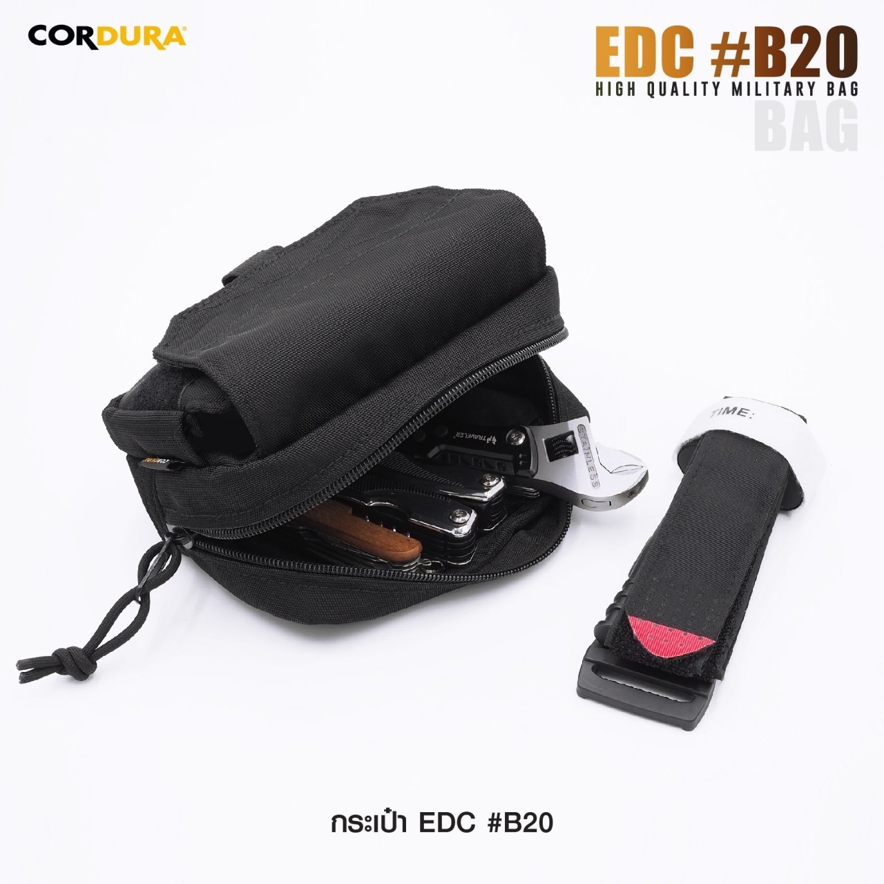 New.กระเป๋า EDC : B20 # (double arrow right)ผลิตจากผ้า CORDURA 1000D (double arrow right)กระเป๋าหลักเป็นแบบซิป มีพื้นที่สำหรับใส่อุปกรณ์เสริมต่างๆ แบ่งช่องไว้เป็นสัดส่วน และ ด้านในมี Elastic Loop (double arrow right)กระเป๋าหน้า เป็นแบบ Velcro ด้านใน บุฟอง