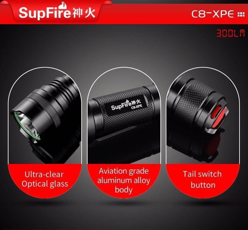 ไฟฉาย Supfire รุ่น C8-XPE มาพร้อมกับ หลอด CREE XPE LED ความสว่างสูงสุด 600 Lumens ออกแบบให้ ระยะส่องสว่าง ได้ไกลถึง 224 ม. วัสดุอลูมิเนียมอัลลอยด์ ระบายความร้อนได้ดี มีสวิตซ์ เปิด-ปิด ขนาดใหญ่ ใช้งานสะดวก ขนาดไฟฉาย ด้าม 23 mm. * ยาว 155 mm. ใช้แบตเตอรี่ขน