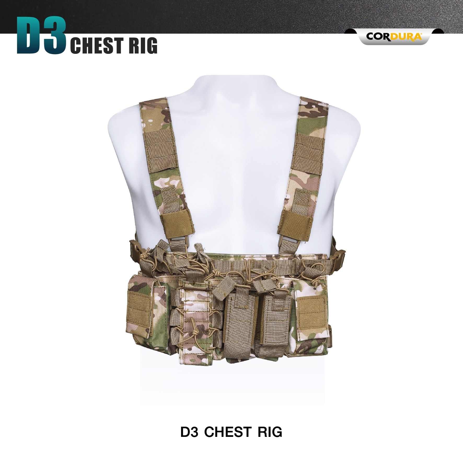 New.D3 Chest Rig (double arrow right)ผลิตจากผ้า Cordura 1000D (double arrow right)น้ำหนักเบา เพียง 0.45 kg ใส่สบาย (double arrow right)มีช่องใส่แม็กกาซีนปืน M4/M16 ได้มากถึง 4 ช่อง (double arrow right)มีช่องใส่ แม็กกาซีนปืนสั้น/ไฟฉาย ได้ 2 ช่อง (double ar