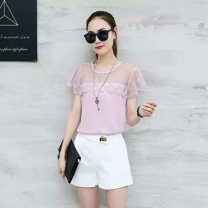 #เสื้อชีฟองสไตน์เกาหลีพร้อมส่ง #เสื้อชีฟองแต่งเกล็ดระบายด้านหน้า #เสื้อทำงานเกาหลี #เสื้อสมัครงาน #ชุดสมัครงาน #เสื้อใส่กับผ้าถุง #เสื้อใส่กับผ้าซิ่น ชมพูกลีบบัว Free size