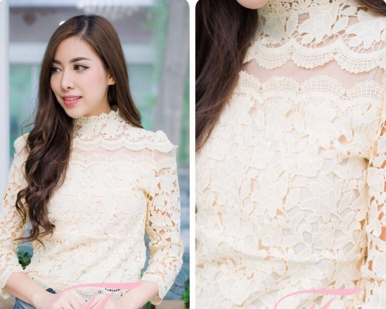 เสื้อลูกไม้สไตน์เกาหลีสีครีม เสื้อลูกไม้สไตน์วัยรุ่นสีครีม เสื้อใส่ผ้าซิ่น เสื้อลูกไม้สีครีมแขนยาว 5 ส่วน เสื้อลูกไม้สีครีมใส่กับผ้าซิ่น