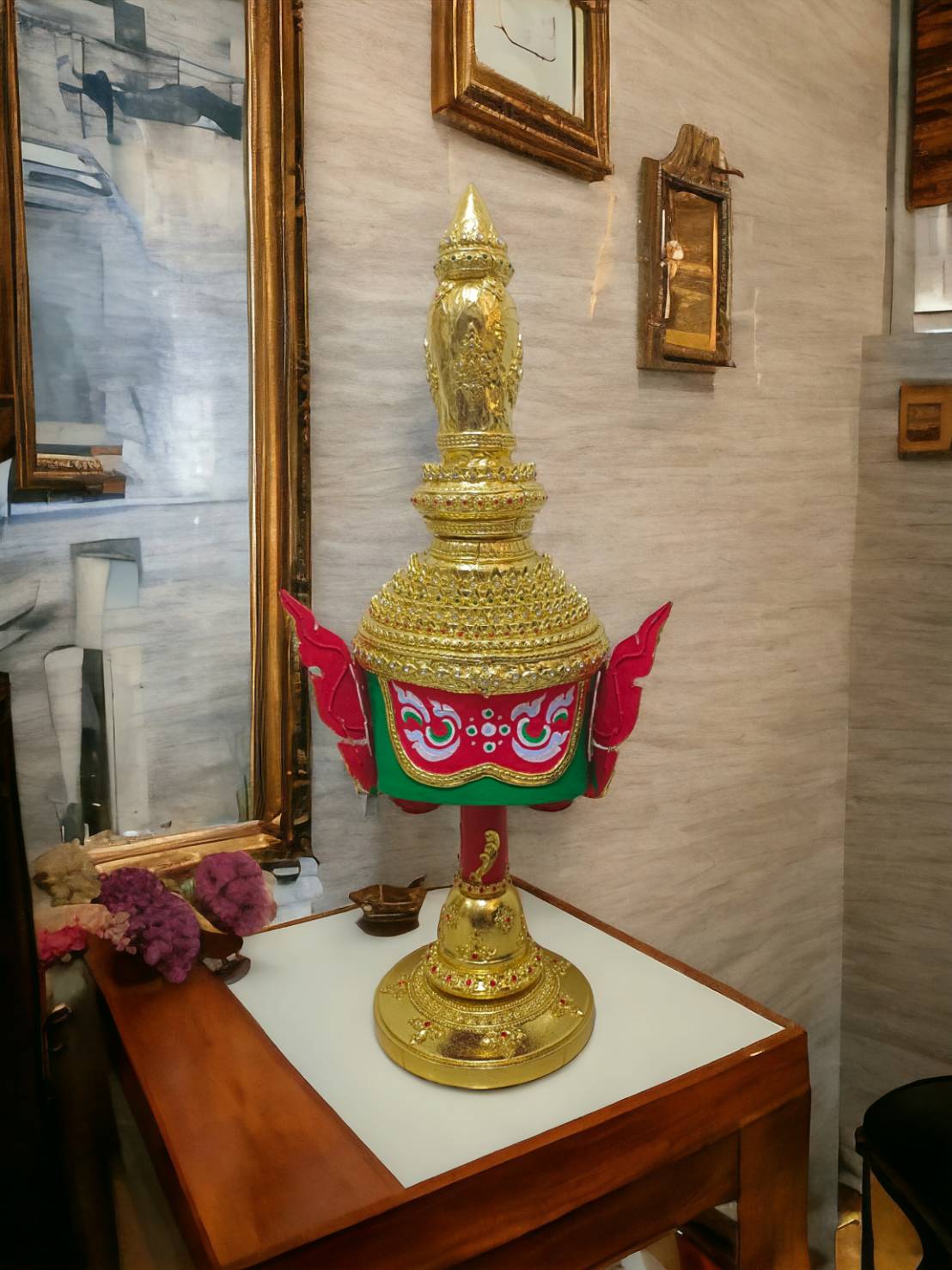 หัวโขน พิเภก ขนาดสวมหัว พร้อมขาตั้งไม้อัดสีแดง