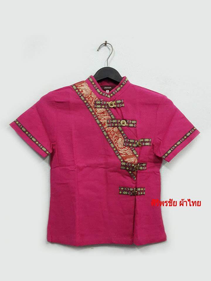เสื้อผ้าไทยพื้นเมือง เสื้อผ้าฝ้ายพื้นเมือง เสื้อทำงานผ้าไทย เสื้อผ้าฝ้ายสีชมพู แต่งผ้าแถบดอกเล็ก เสื้อผ้าพื้นเมืองสีชมพู ชมพู XL