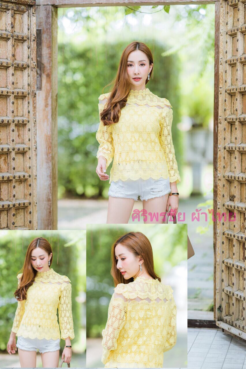 เสื้อลูกไม้สไตน์เกาหลีสีเหลือง เสื้อลูกไม้สไตน์วัยรุ่นสีเหลือง เสื้อใส่ผ้าซิ่น เสื้อลูกไม้แขนยาว5 ส่วน เสื้อลูกไม้ใส่กับผ้าถุงสีเหลืองสวยๆ สีเหลือง XL=36