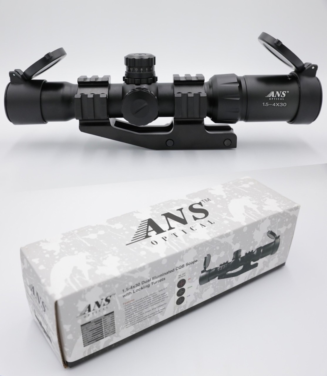 สโคปยิงไว 1.5-4x30 ยี่ห้อ ANS (CQB Scope 1.5-4x30) ขนาดวง 30mm คุณสมบัติ : #แข็งแรงทนทาน #มุมมองในการกวาดสายตาที่กว้าง #กำลังขยาย 1.5-4เท่า #เป้าเป็นแบบ Mil-Dot (เป้าเครื่องหมายบวก) #ตัวเป้าของสโคปเป็นแบบมีไฟ (ปรับได้สามสี สีแดง,สีเขียว,สีน้ำเงิน) และ สาม
