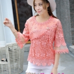 เสื้อลูกไม้สไตน์เกาหลีโอรส เสื้อลูกไม้สไตน์วัยรุ่นสีโรส เสื้อผ้าไทยใส่กับผ้าซิ่น เสื้อผ้าฝ้ายใส่กับผ้าถุงสีโอวัลติน เสื้อลูกไม้ใส่ผ้าซิ่น เสื้อลูกไม้พาดาแขนสั้นสีโอรส