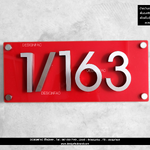 ป้ายบ้านเลขที่ 1/163 สแตนเลสแฮลย พื้นอะคริลิคสีแดง เลขนูน มีมิติ พร้อมน้อตลอยสี่มุม สไตล์โมเดิร์น มินิมอล เรียบหรู ขนาด : 15 x 40 cm.