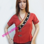 เสื้อผ้าไทยสีกรมท่าแต่งแดง เสื้อผ้าฝ้าย เสื้อใส่ผ้าซิ่น เสื้อผ้าฝ้ายสีกรมท่าคอจีนกระดุมเฉียง