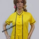 เสื้อผ้าไทยสีเหลือง เสื้อผ้าฝ้ายสีเหลือง เสื้อใส่ผ้าซิ่น เสื้อผ้าฝ้ายสีเหลือง แต่งผ้าแถบกุ้นคู่